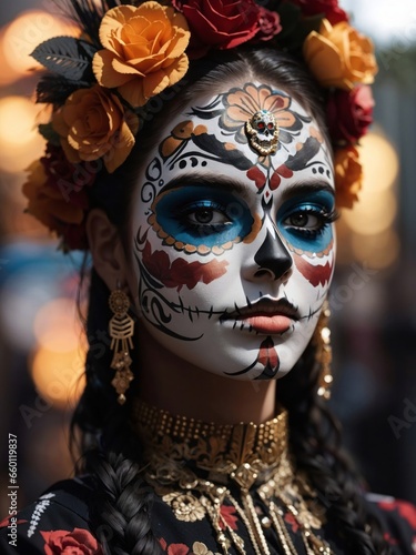 a closeup portrait of a person wearing a day of the dead makeup © a4mbs
