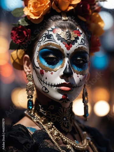 a closeup portrait of a person wearing a day of the dead makeup © a4mbs