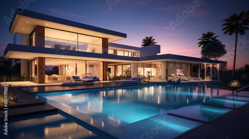 An HD image of a modern house's pool that seamlessly transitions from day to night, showcasing the transformation of the space with adjustable lighting, from vibrant and lively to tranquil and elegant © PhotoFusionist 