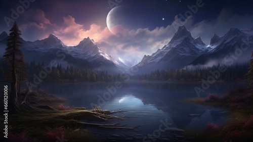 Moonlight lake fantasy high resolution beautiful image Ai generated art © Biplob