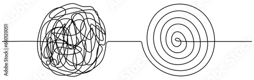 Chaos and mess circle continuous line drawn. Psychotherapy linear concept. Problem solution symbol. Vector illustration isolated on white.