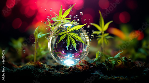 macro image of a cannabis plant submerged in a clear water droplet created with Generative Ai