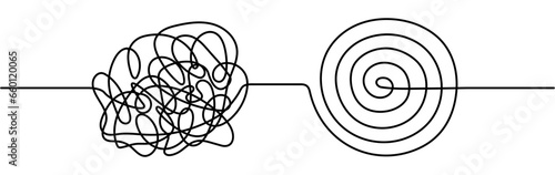 Chaos and mess circle continuous line drawn. Psychotherapy linear concept. Problem solution symbol. Vector illustration isolated on white.