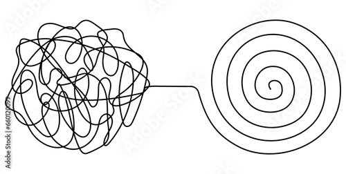 Chaos and mess circle continuous line drawn. Psychotherapy linear concept. Problem solution symbol. Vector illustration isolated on white.