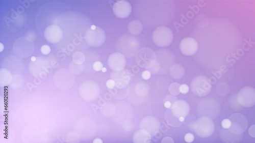 Pastel bokeh horizontal background, blurred circle lights on purple pink gradient backdrop. Abstract empty banner, realistic style. Vector picture for feminine holiday design, festive template.
