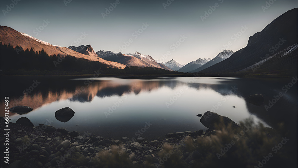 Mountain lake in the mountains at sunset. Beautiful natural landscape.