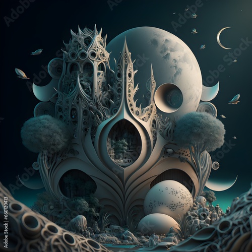 Spectacular surreal very complex film scene in the sense of a world of dreams shapes souls moon stars creatures plants fantasy unreal engine surrealism incredibly detailed filigree 28k resolution 