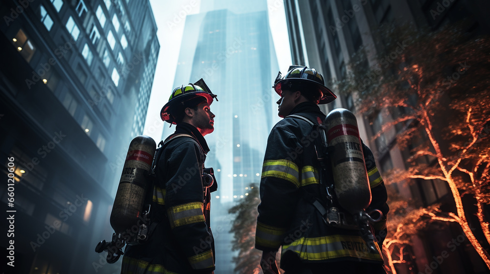 Fireman wearing his uniform with a fire extinguisher on a street Fireman wearing his uniform with a fire extinguisher on a street