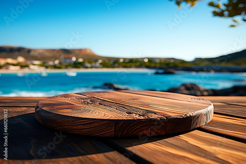 Wooden table top on blurred background of sea island and blue sky