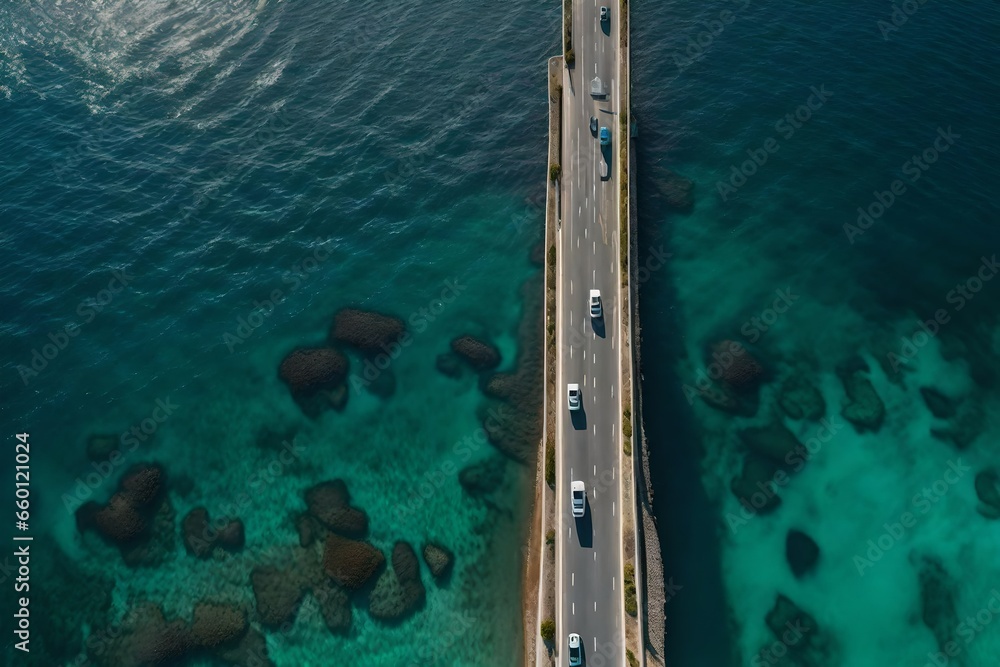 Top down aerial view of a Ocean Road in the summer time