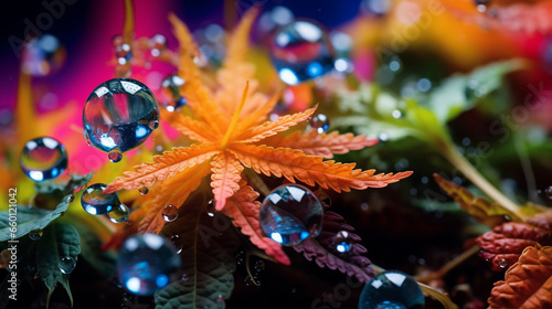 a microscope view of cannabis material being penetrated by droplets of a solvent created with Generative Ai