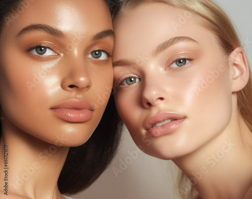 Beautiful girls Caucasian and POC faces close to each other. Natural looking. Banner for beauty skin body care bio eco cosmetics concept