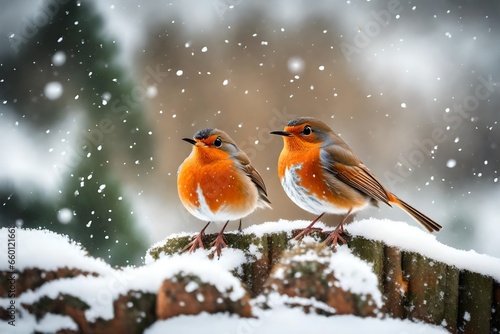 European Robin or Robin Redbreast songbird in snowy weather in winter. © sania