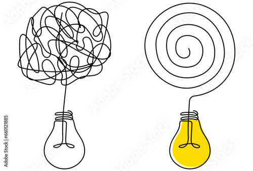 Messy and chaos circles with lightbulbs. Solving problem symbol. Creative idea linear concept. Vector illustration isolated on white.
