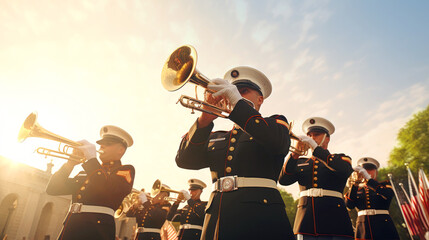 A military musical band marches at a festive military parade on the street on a sunny day. Celebrating Remembrance, Independence Day