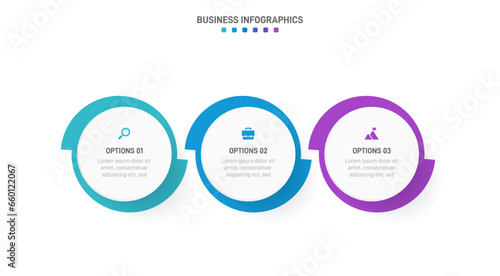 Timeline infographic with infochart. Modern presentation template with 3 spets for business process. Website template on white background for concept modern design. Horizontal layout.