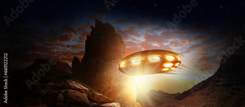 Arrival of the aliens with their spaceship from space at supersonic speed. 