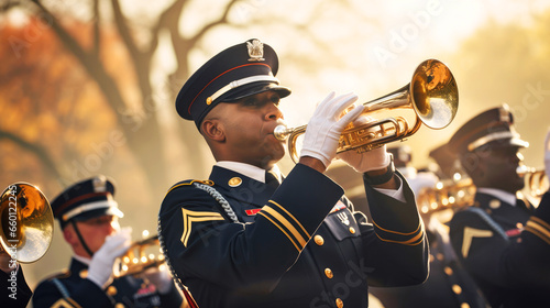 A military musical band marches at a festive military parade on the street on a sunny day. Celebrating Remembrance, Independence Day