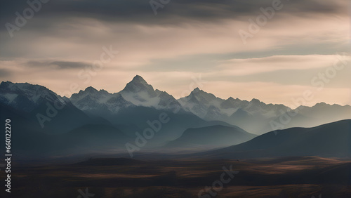 Mountains in the clouds. Sunset in the mountains. 3d rendering