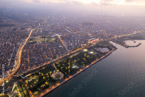 Aerial city center and port at night. Samsun, Turkey