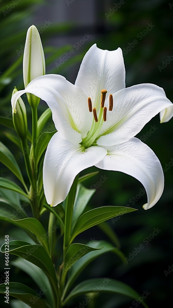 A pristine white lily contrasted against the deep green of its leaves. A pristine white lily contrasted against the deep green of its leaves.