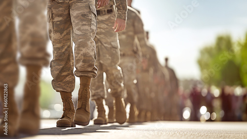 Close-up of men soldiers legs in uniform and boots on the sand ground. Marching at military camp. Leather shoe in sand color and brown camouflage pants. Army defense, mobilization and conscription photo