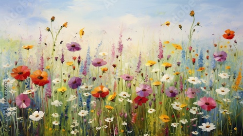 A serene meadow blanketed with multicolored wildflowers swaying in a gentle breeze.