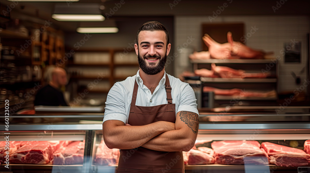 A happy young male butcher standing with arms crossed in modern meat shop - obrazy, fototapety, plakaty 