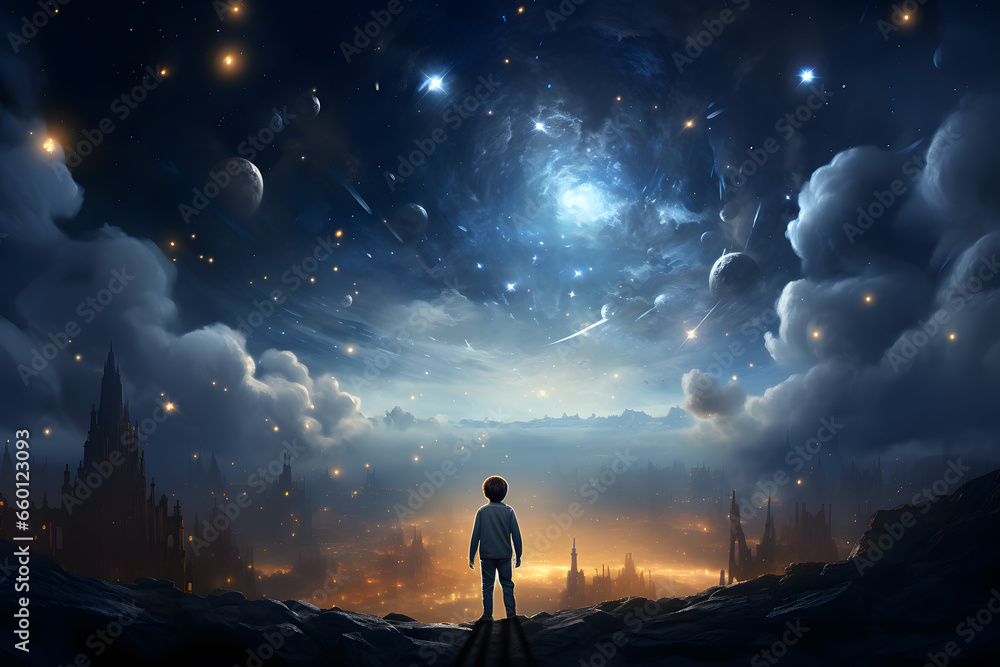 Little boy lives in fantasy dream world with magic, imagination sky