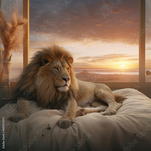 a sleepy lion watching the sunset on a white clean bed created with Generative Ai