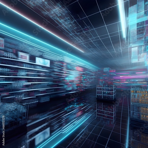 super market shelves cyberpunk futuristic black background colorful neon lights Holographic environment Flashy Boxes packages market perspective environment bio Philip vray caustics photorealistic  photo