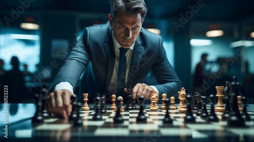 A business politician in a suit plays chess