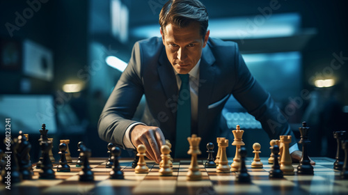 A business politician in a suit plays chess