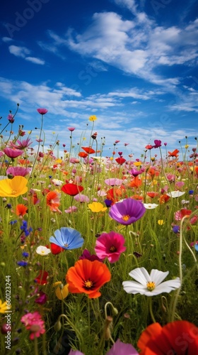 A sunlit meadow populated by an array of vividly colored wildflowers.