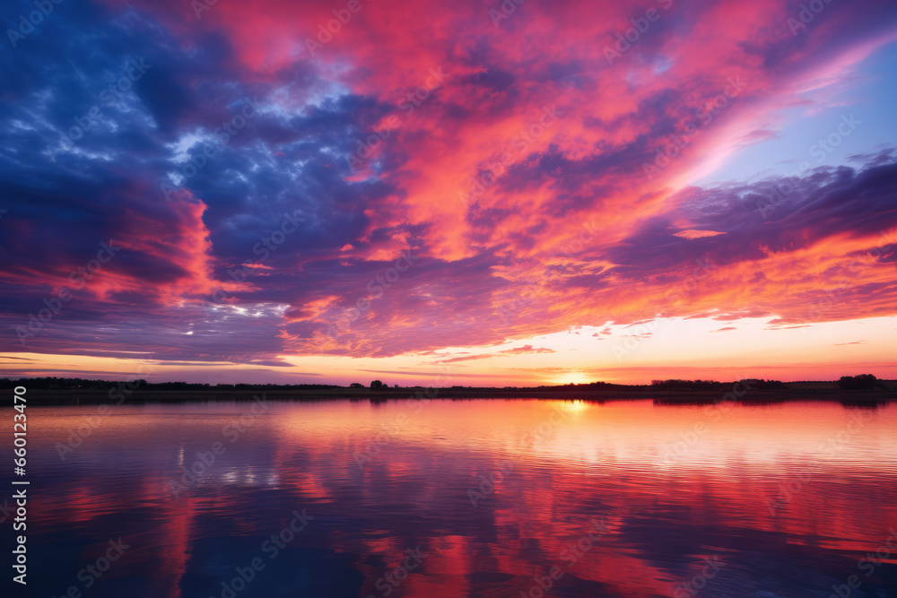 Sun Setting Over Water with Colorful Sky and Clouds with Reflection, Generative AI