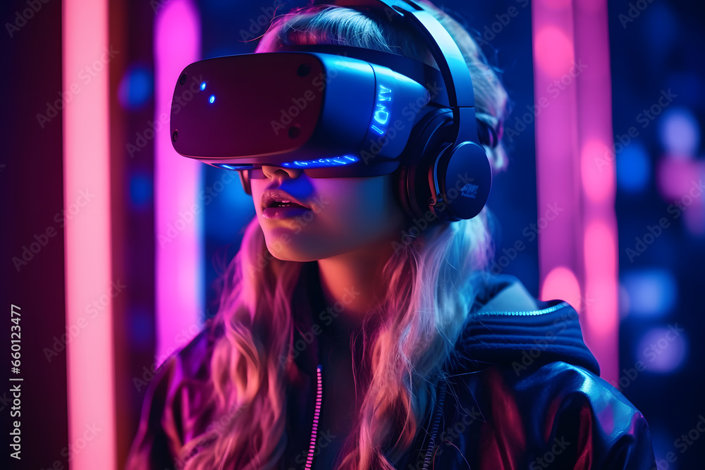 Woman with virtual reality glasses exploring future technology Woman with virtual reality glasses exploring future technology