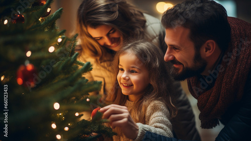 The family decorates the Christmas tree © vladzelinski