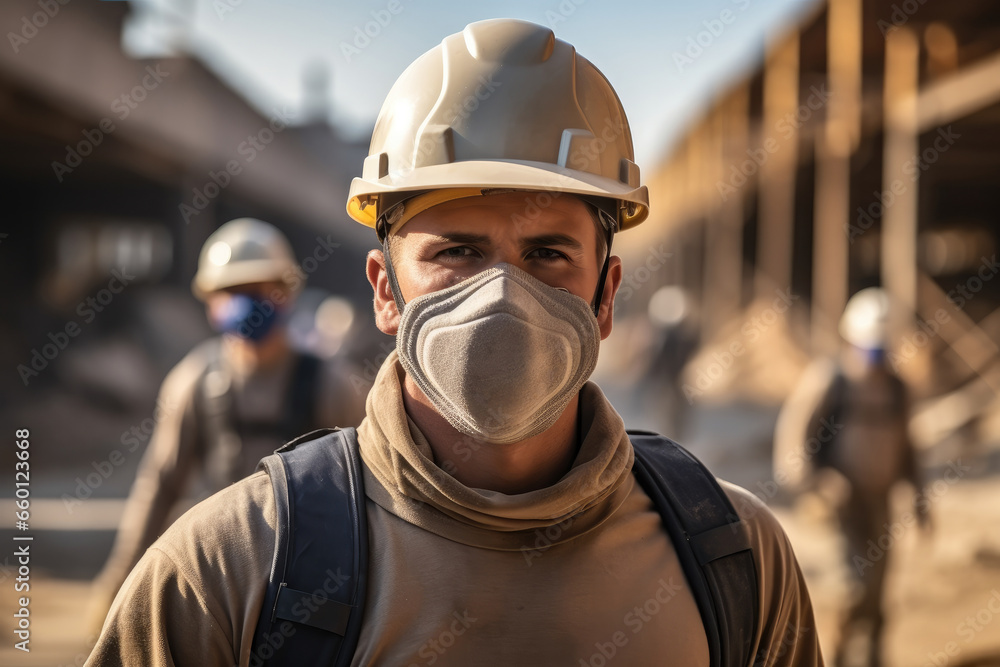 Construction worker confidently wears a safety face mask on a dusty construction site. Construction worker confidently wears a safety face mask on a dusty construction site.