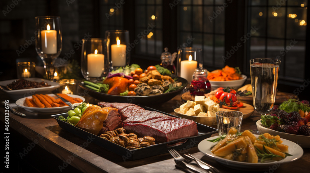 A table set with an elaborate holiday feast, featuring succulent roast meats, vegetables, and traditional Boxing Day desserts