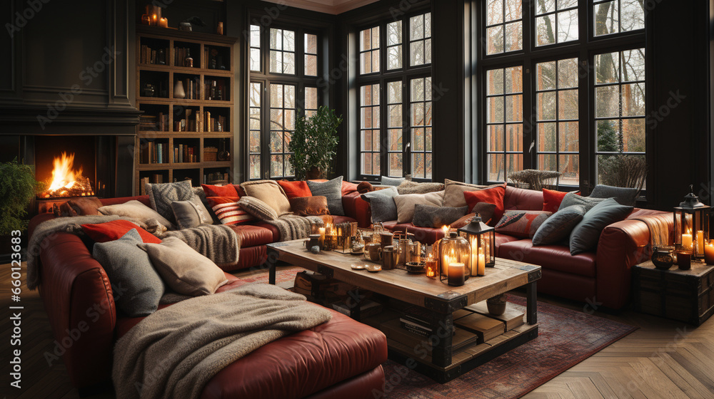 A cozy living room adorned with festive Christmas decorations, filled with friends and family enjoying Boxing Day festivities