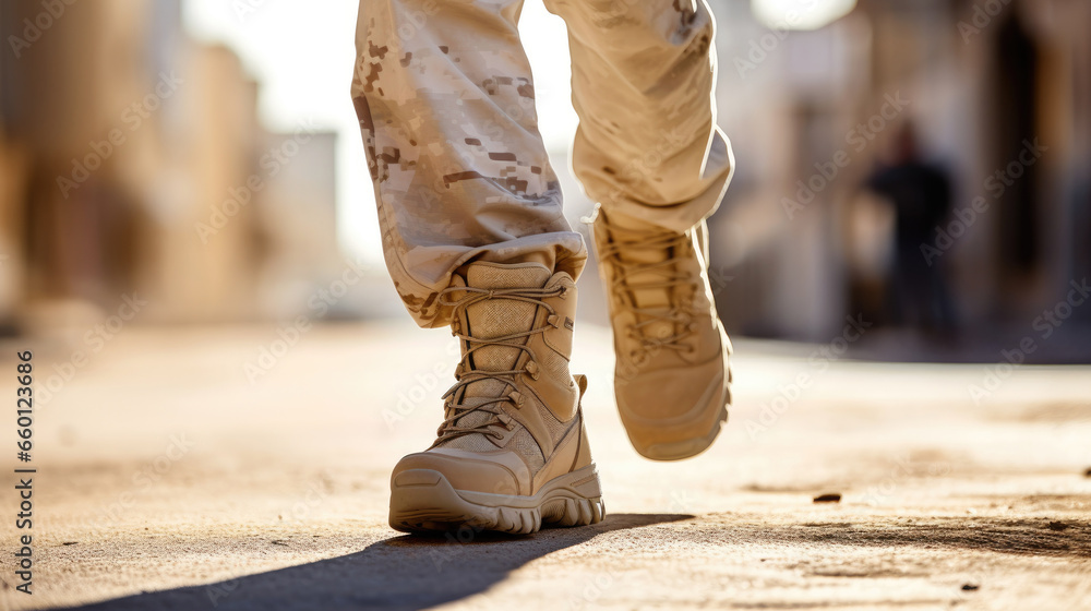 Close-up of men soldier leg in uniform and boots on the sand ground. Army defense, mobilization and conscription Close-up of men soldier leg in uniform and boots on the sand ground. Army defense, mobilization and conscription