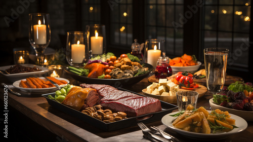 A table set with an elaborate holiday feast, featuring succulent roast meats, vegetables, and traditional Boxing Day desserts