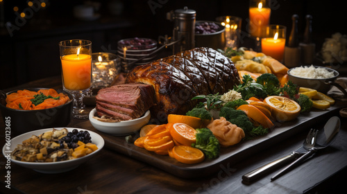 A table set with an elaborate holiday feast  featuring succulent roast meats  vegetables  and traditional Boxing Day desserts