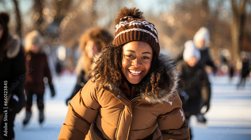 A group of friends enjoying a competitive round of outdoor ice skating, a popular Boxing Day activity A group of friends enjoying a competitive round of outdoor ice skating, a popular Boxing Day activity