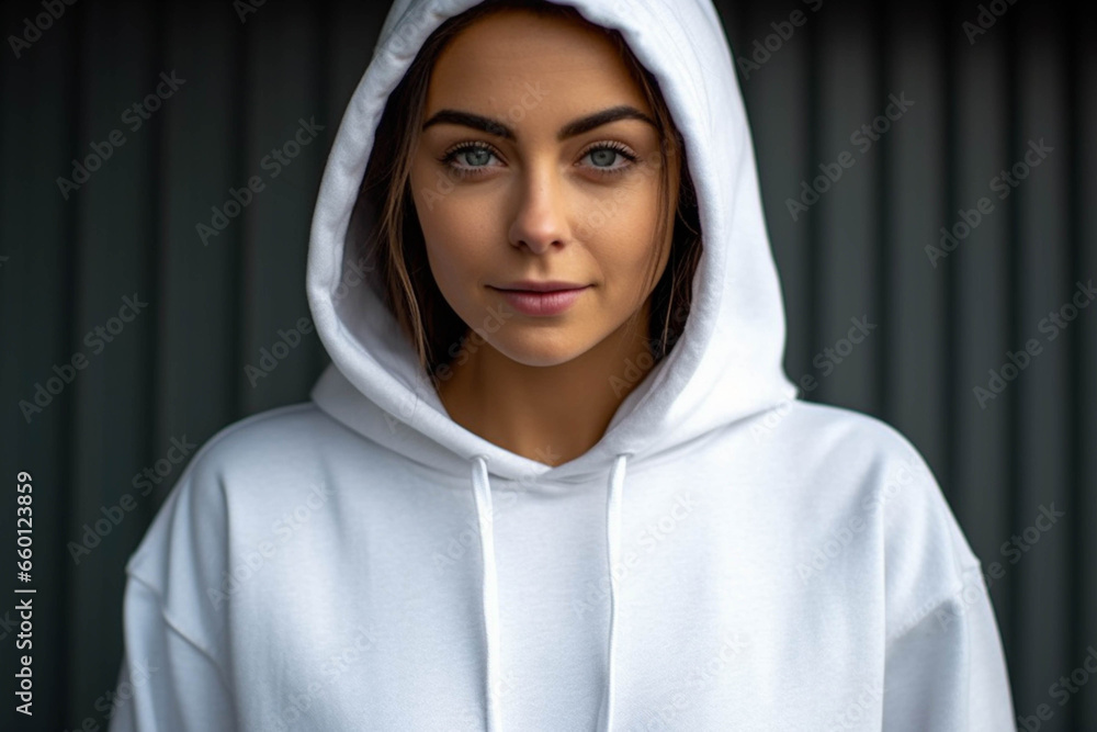 Young woman in white hoodie, outdoor portrait, hoodie mockup copy space, Ai generated. Young woman in white hoodie, outdoor portrait, hoodie mockup copy space, Ai generated.