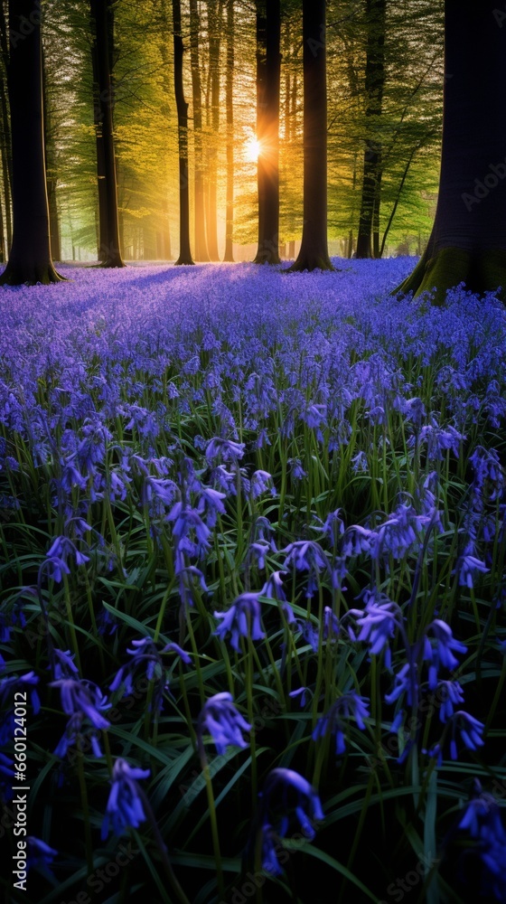 Obraz premium A vibrant patch of bluebells, their blossoms appearing as a blue mist on the forest floor.