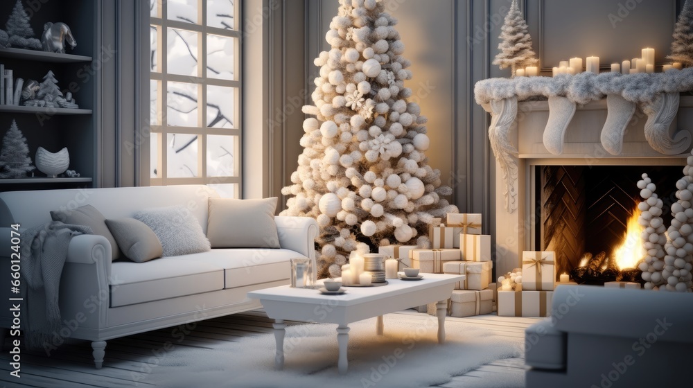 A cozy living room transformed into a winter with a decorated tree and presents on the fireplace.