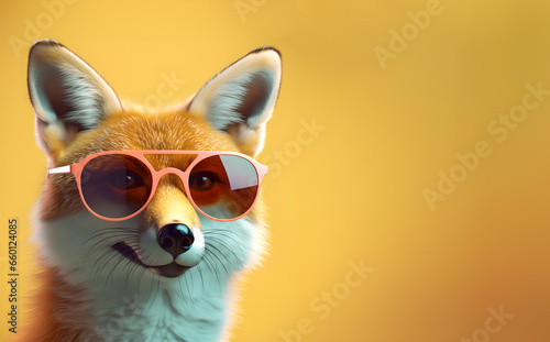 Creative animal concept. Fox in sunglass shade glasses isolated on solid pastel background, commercial, editorial advertisement, surreal surrealism. 