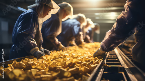 Conveyor line for the production of potato chips. The worker performs quality control to produce tasty chips.  photo