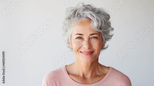 Portrait of mid age senior woman with smooth healthy skin. Beautiful mature woman with curly grey hair and smiling.